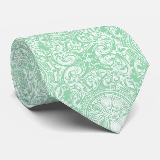 Pastel Mint Green Floral Wirbel Oranmet Krawatte (Gerollt)