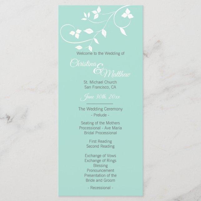Pastel Mint Green & Light Gray Wedding Zeremonie Programm (Vorderseite)