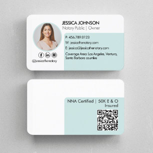Pastel Mint Green Minimal QR Code Notary Photo Visitenkarte