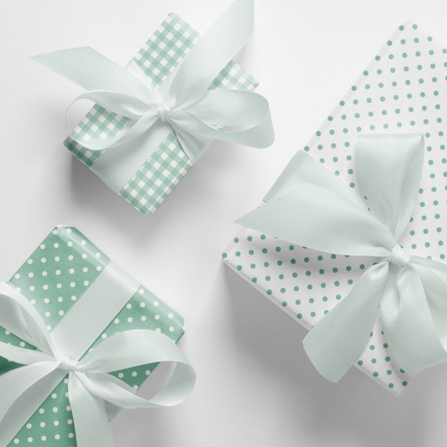 Pastel Mint Green Polka Dots Gingham Pattern Mix Geschenkpapier Set (Elegant, mint green polka dots and gingham checks pattern mix and match wrapping paper sheets.)
