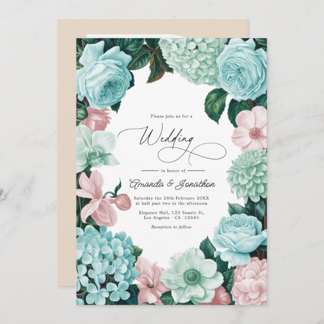 Pastel Mint, Seafoam & Shell Pink Wedding Einladung (Vorne/Hinten)