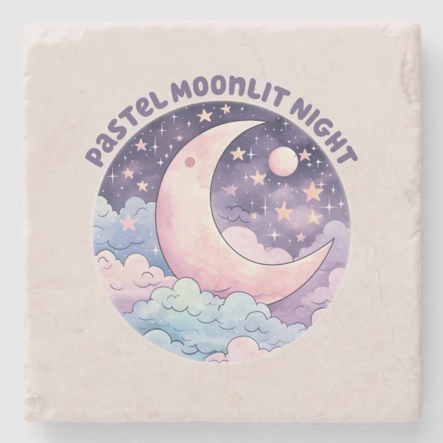 Pastel Moonlit Night - Dreamy Crescent Moon Steinuntersetzer (Vorderseite)