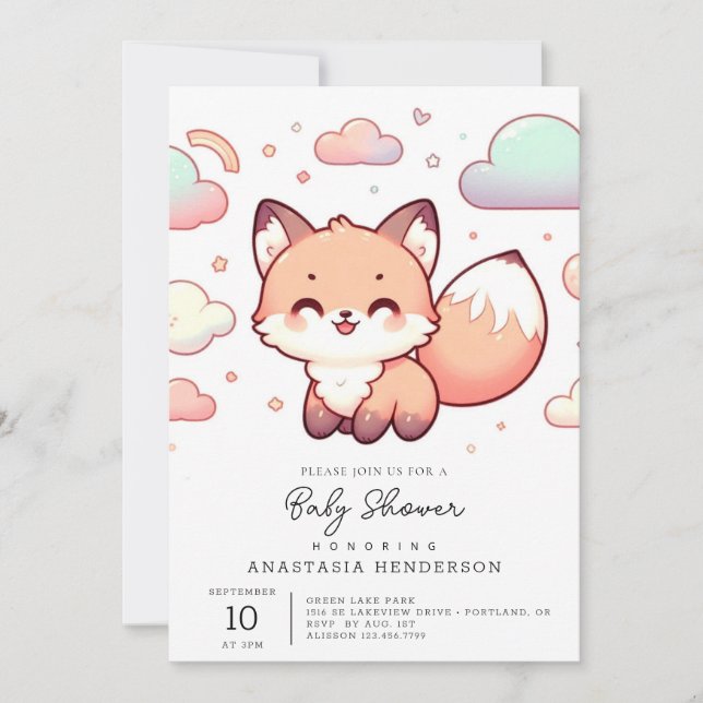 Pastel Mythical Fox Babydusche Einladung (Vorderseite)