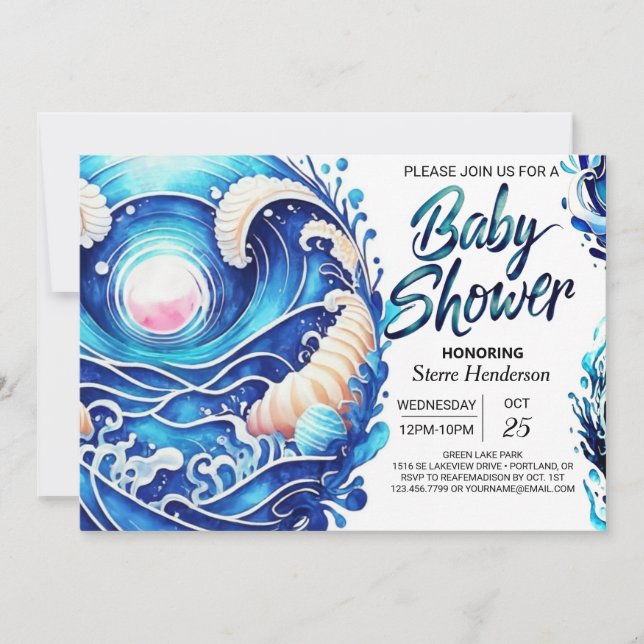 Pastel Nautical Waves Babydusche Einladung (Vorderseite)