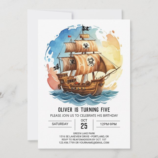 Pastel Nautical Waves Pirate Geburtstag Einladung (Vorderseite)