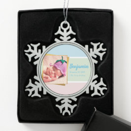 Pastel Newborn Baby Boy Foto Birth Record Stat Schneeflocken Zinn-Ornament