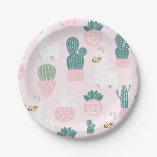 Pastel Niedlich Baby Pink und Grüner Lama und Kakt Pappteller