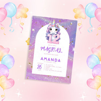 Pastel Niedlich Unicorn Girl 12. Geburtstag Einlad Einladung