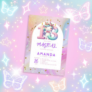 Pastel Niedlich Unicorn Girl 13. Geburtstag Einlad Einladung