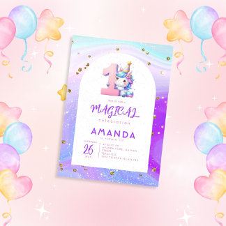 Pastel Niedlich Unicorn Girl 1. Geburtstag Einladung