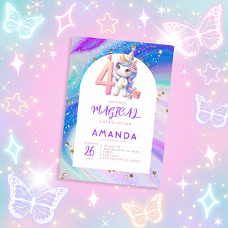 Pastel Niedlich Unicorn Girl 4. Geburtstag Einladung