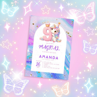 Pastel Niedlich Unicorn Girl 9. Geburtstag Einladu Einladung