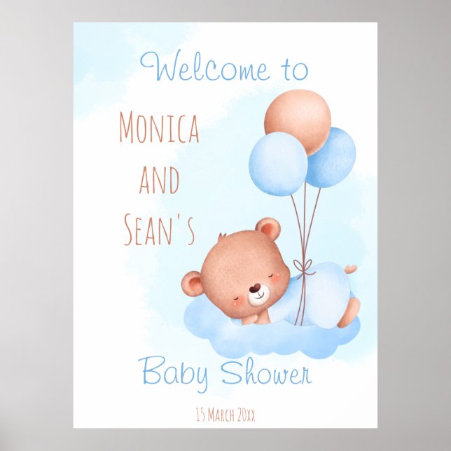 Pastel niedlicher Teddybär mit Ballons Babydusche Poster (Vorne)