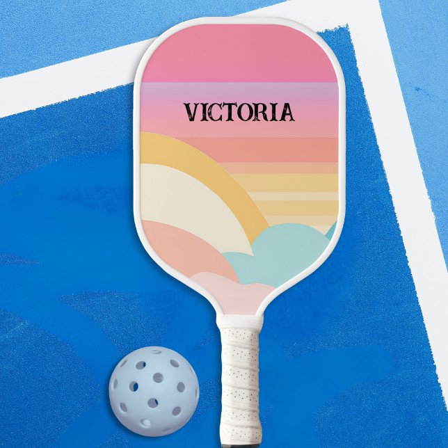 Pastel Niedliches Hübsches Muster Moderne Stilftig Pickleball Schläger (A cute personalized pickleball paddle, with a groovy retro design in pastel colors)