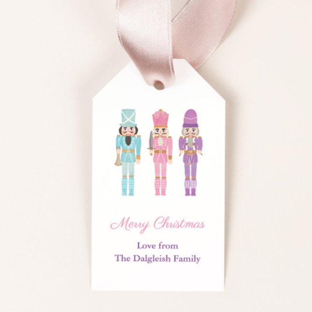 Pastel Nutcracker Ballet Soldatinnen glücklich Geschenkanhänger (Watercolor nutcrackers in mint, pink and lilac uniforms merry christmas gift tags)