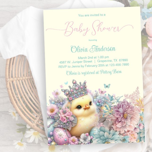 Pastel Oaster Chick Baby Shoouse Einladung (Sweet little chick with pretty eggs, butterflies and flowers. Instant download and printed available)