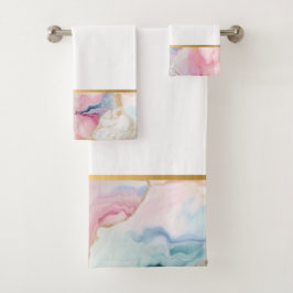 PASTEL OCEAN MARBLE GOLD WHITE BADEZIMMER TOWEL SE BADHANDTUCH SET