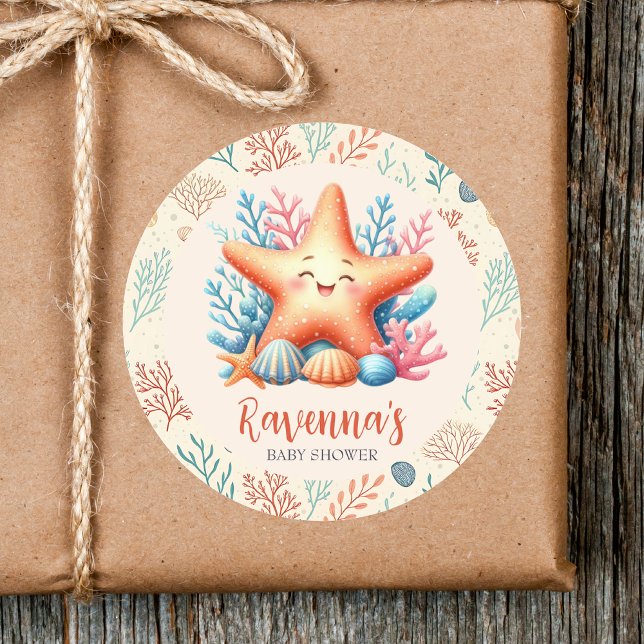 Pastel Ocean Starfish Custom Name Baby Shower Runder Aufkleber (Von Creator hochgeladen)