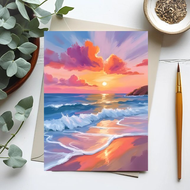Pastel Ocean Sunset | Farbenfrohe Strandmalerei Postkarte (Von Creator hochgeladen)