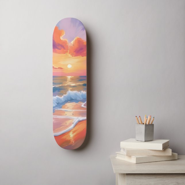Pastel Ocean Sunset | Farbenfrohe Strandmalerei Skateboard (Wandkunst)