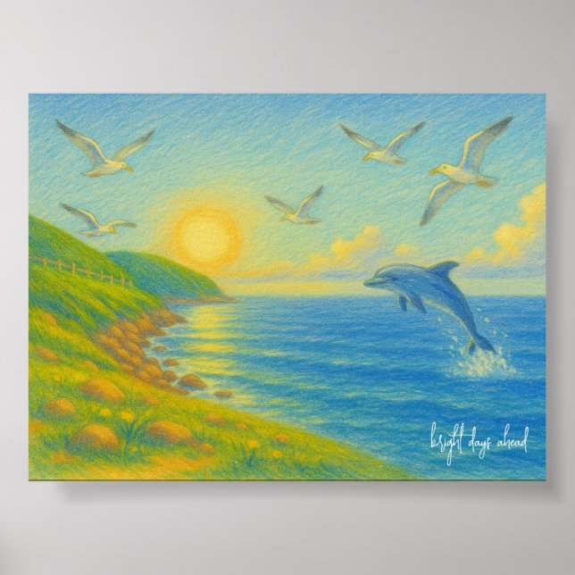 Pastel Ocean Sunset Landscape Painting Dolphin Poster (Vorne)