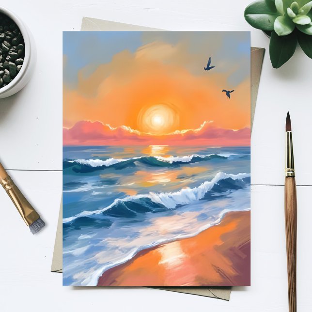 Pastel Ocean Sunset Watercolor Beach Painting Card (Von Creator hochgeladen)