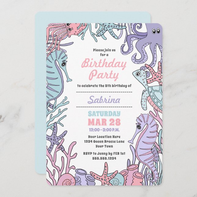 Pastel Ocean Thema Sea Life Geburtstag Einladung (Vorne/Hinten)