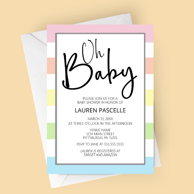 Pastel Oh Baby, Kinderdusche Einladung (Oh Baby Pastel Stripes Baby Shower Invitation)