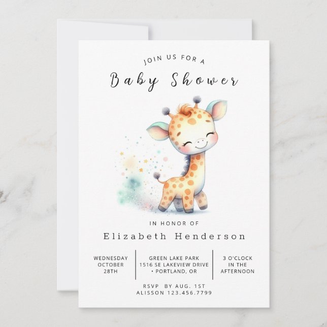 Pastel Online Giraffe Babydusche Einladung (Vorderseite)