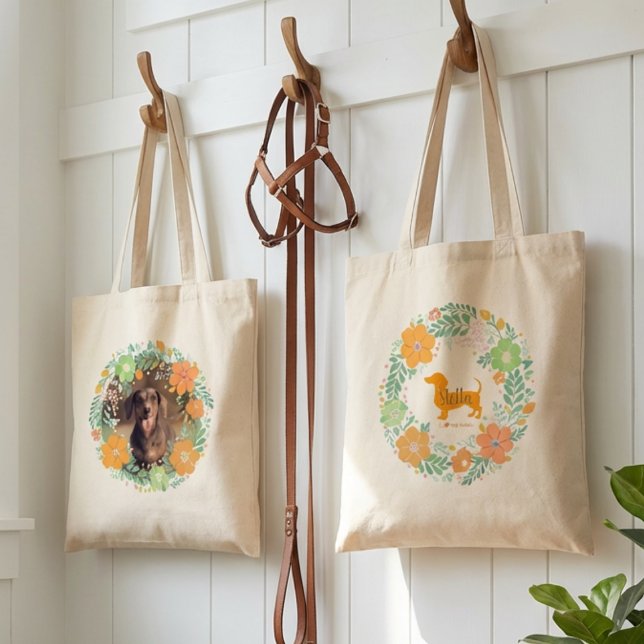 Pastel Orange Dachshund Floral Tote – Custom Photo Tragetasche (Von Creator hochgeladen)