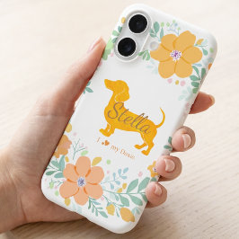 Pastel Orange Dachshund with Flower – Custom Name iPhone 16 Hülle