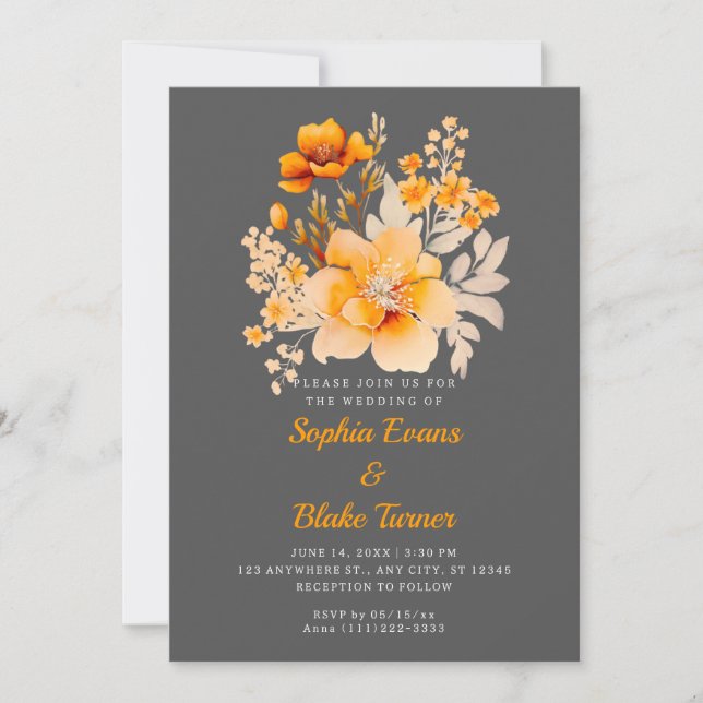 Pastel Orange Floral Bouquet Fall Gray Wedding Einladung (Vorderseite)