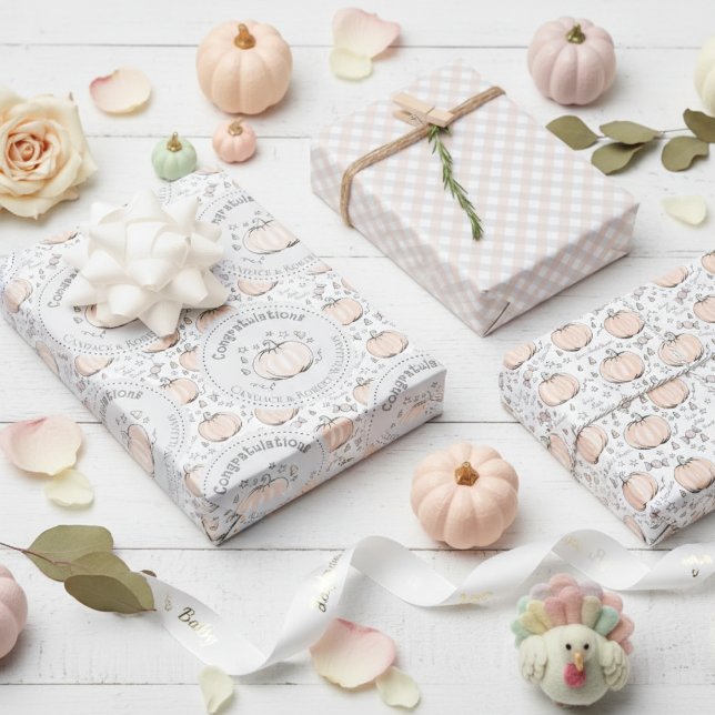 Pastel Orange & Grau Mama zu sein Glückwunsch Geschenkpapier Set (Cute White Congratulations Little Pumpkin Thanksgiving Baby Shower Wrapping Paper for Mother to Be)