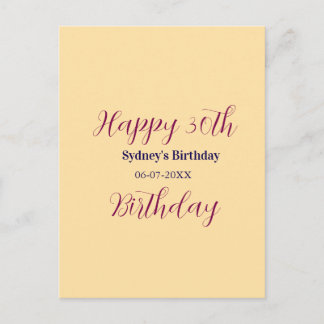 Pastel orange happy 30th birthday name date purple postkarte