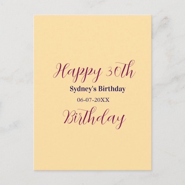 Pastel orange happy 30th birthday name date purple postkarte (Vorderseite)