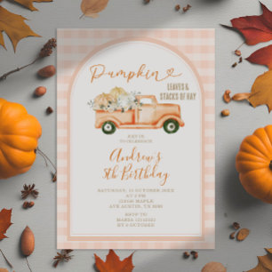 Pastel Orange Tractor Pumpkin Gingham Birthday Einladung