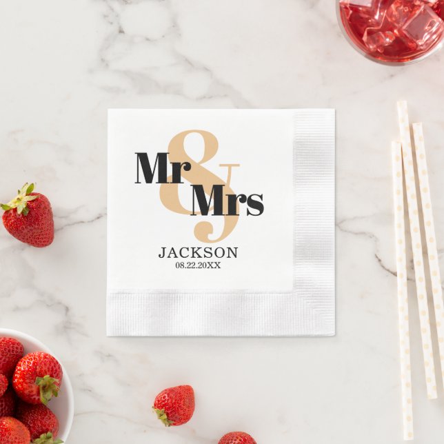 Pastel Orange und Black Mr & Mrs. Wedding Serviette (Beispiel)