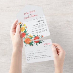 Pastel Orange Yellow Spring Dahlia Blume Hochzeit All In One Einladung