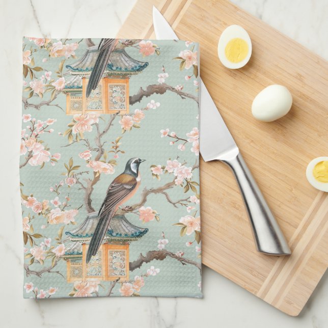 Pastel Orientalischer Vogel und Fruchtblüten Geschirrtuch (Viertel Falte)