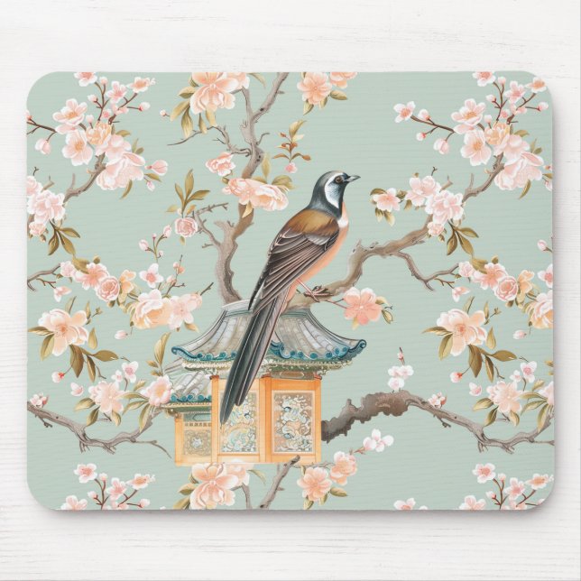 Pastel Orientalischer Vogel und Fruchtblüten Mousepad (Vorne)