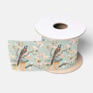 Pastel Orientalischer Vogel und Fruchtblüten Satinband