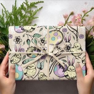 Pastel Osterküken & Bunny Ohren, Eier, Blume Geschenkpapier