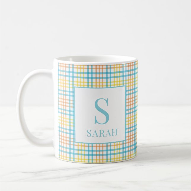 Pastel-Ostern-Frühling-Karo-Monogramm-Name Kaffeetasse (Links)
