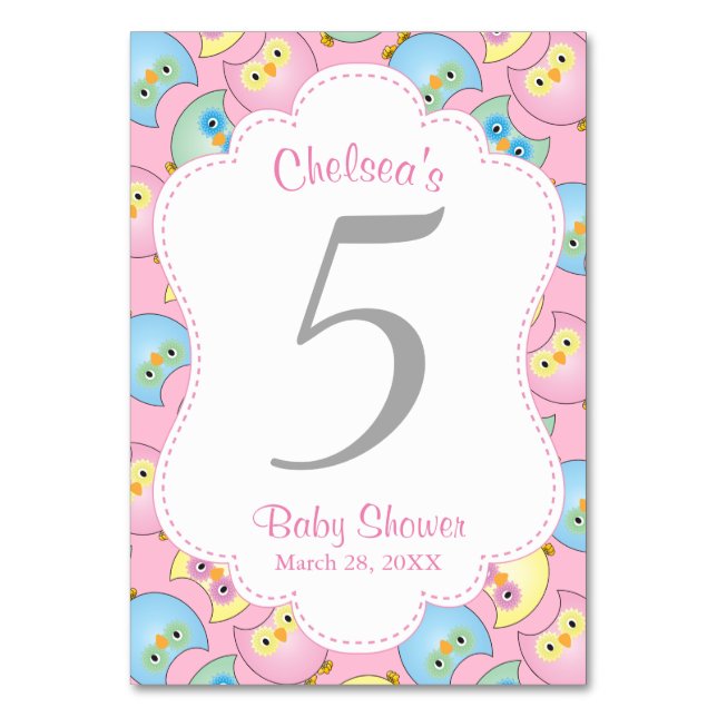 Pastel Owl Baby Girl Shower Thema Tischnummer (Vorderseite)