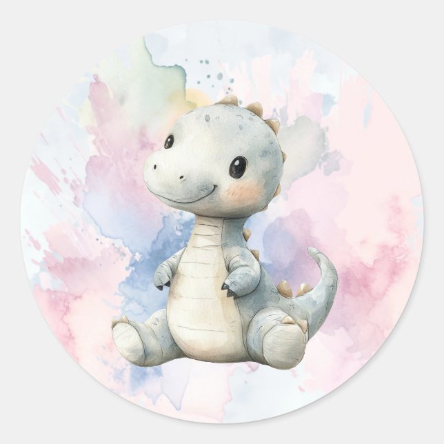 Pastel Paint Splash Adorable Dinosaur Kinderdusche Runder Aufkleber (Vorderseite)