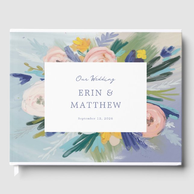 Pastel Painted Florals and Photo Wedding Gästebuch (Vorderseite)