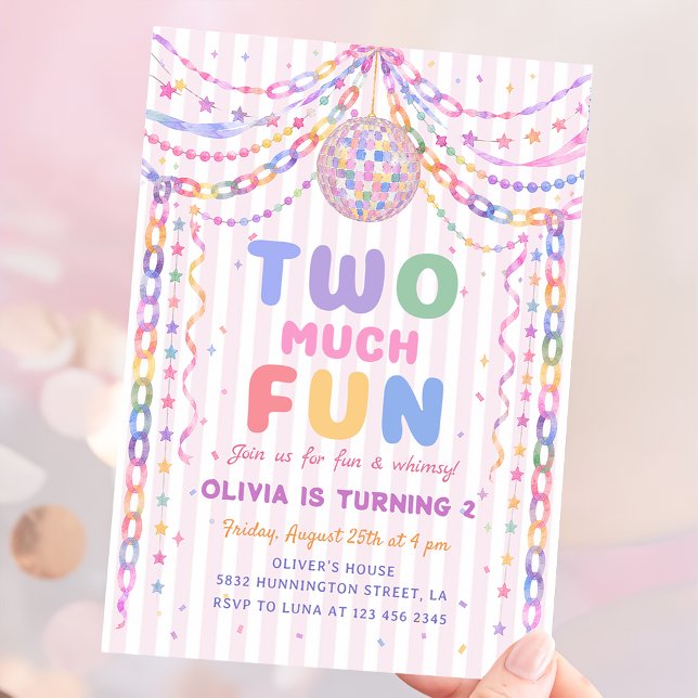 Pastel-Papierketten-Disco Two Much Fun 2. Geburtst Einladung (Von Creator hochgeladen)
