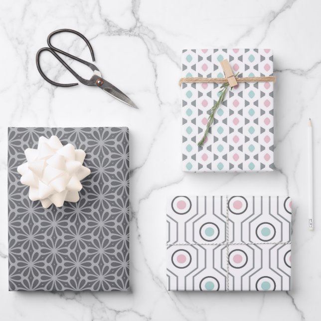 Pastel Pattern of Gray, Pink, Mint Retro Shapes Geschenkpapier Set (Vorderseite)