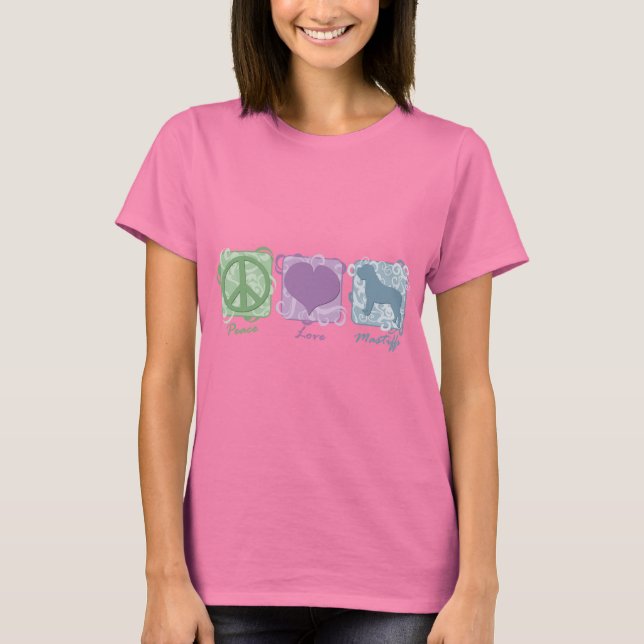 Pastel Peace, Liebe und Mastiffs T-Shirt (Vorderseite)