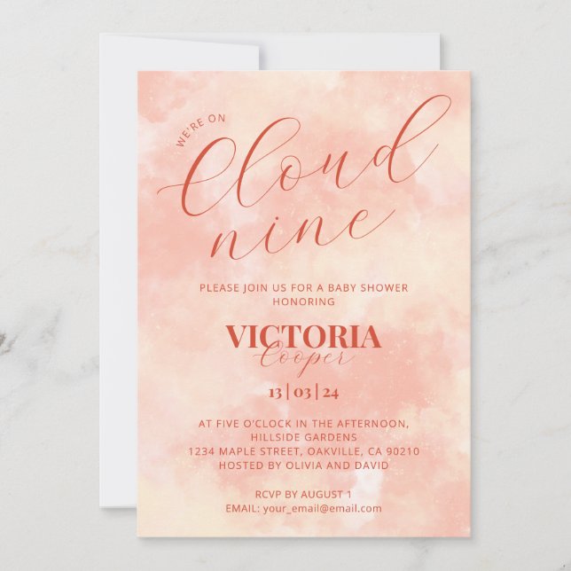 Pastel Peach Colour Cloud Nine Baby Dusche Einladung (Vorderseite)